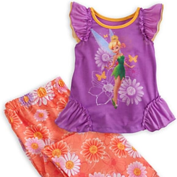 Disney Store Tinker Bell Tinkerbell Fairy Girl 2pc PJ Pajama Purple Orange 9 10 - Picture 1 of 3
